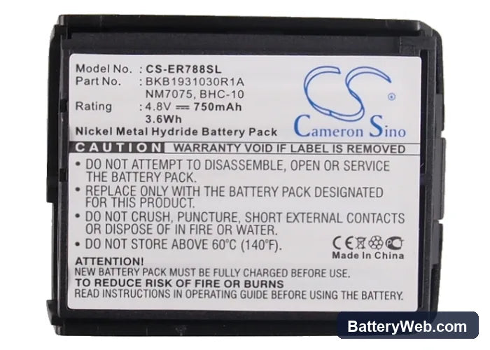 Sony Ericsson 788 Replacement Battery, 4.8V, 750mAh, Ni-MH 6