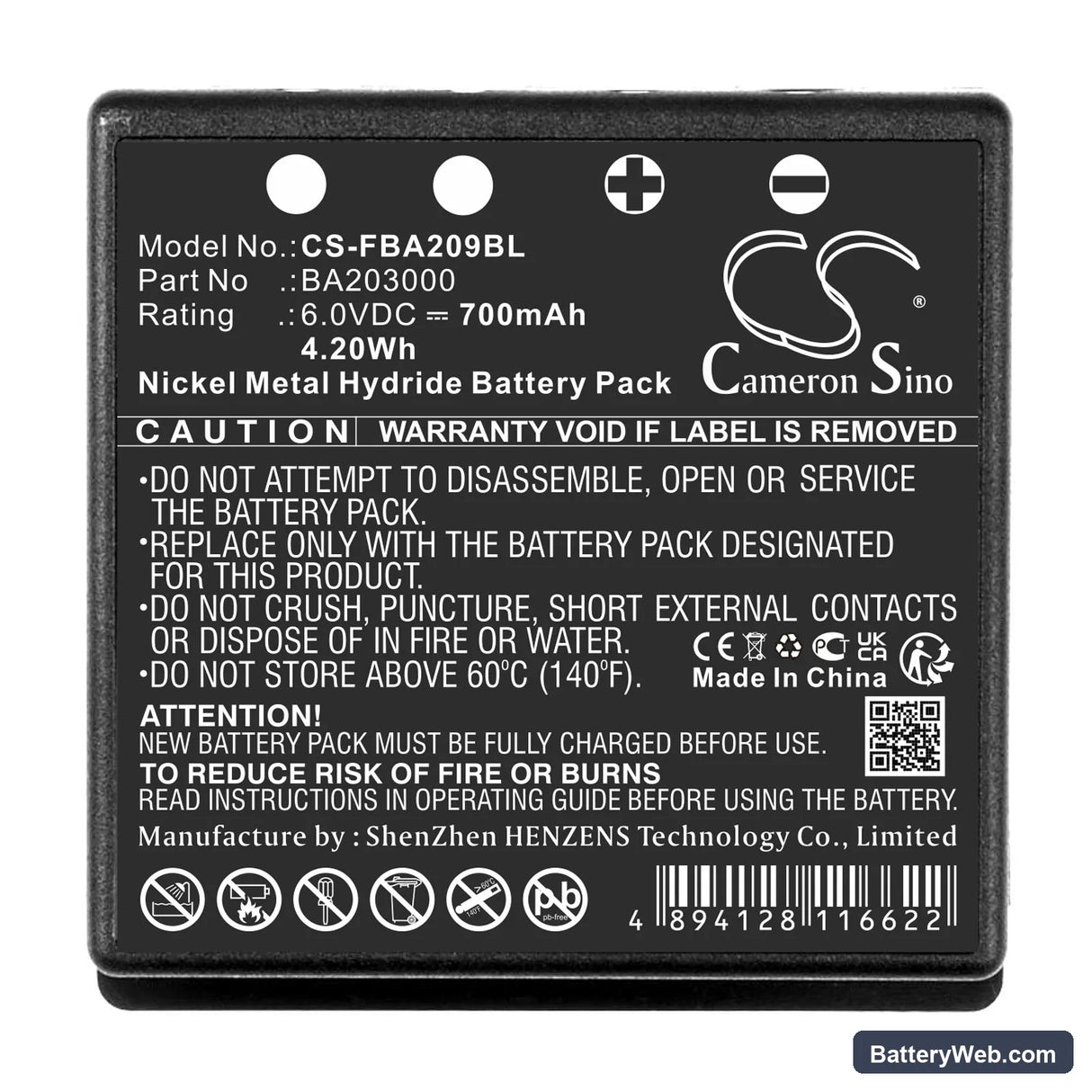 HBC FUB9NM Replacement Battery, 6V, 700mAh, Ni-MH 5