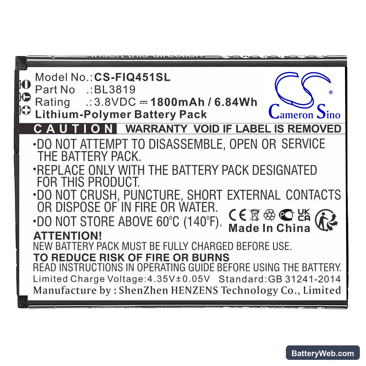 Fly IQ4514 Replacement Battery, 3.8V, 1800mAh, Li-Polymer 3