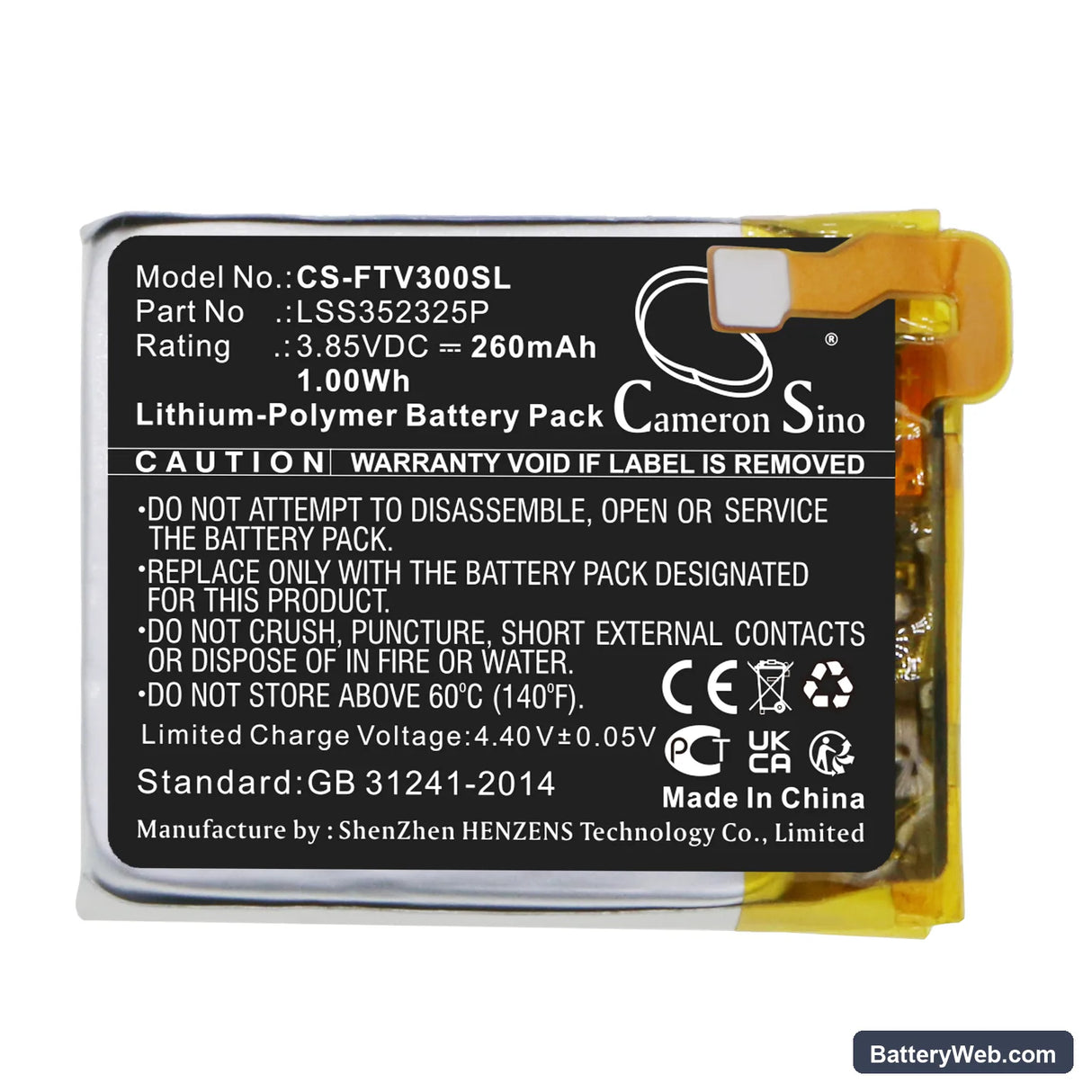 FitBit Versa 3 Replacement Battery, 3.85V, 260mAh, Li-Polymer 3