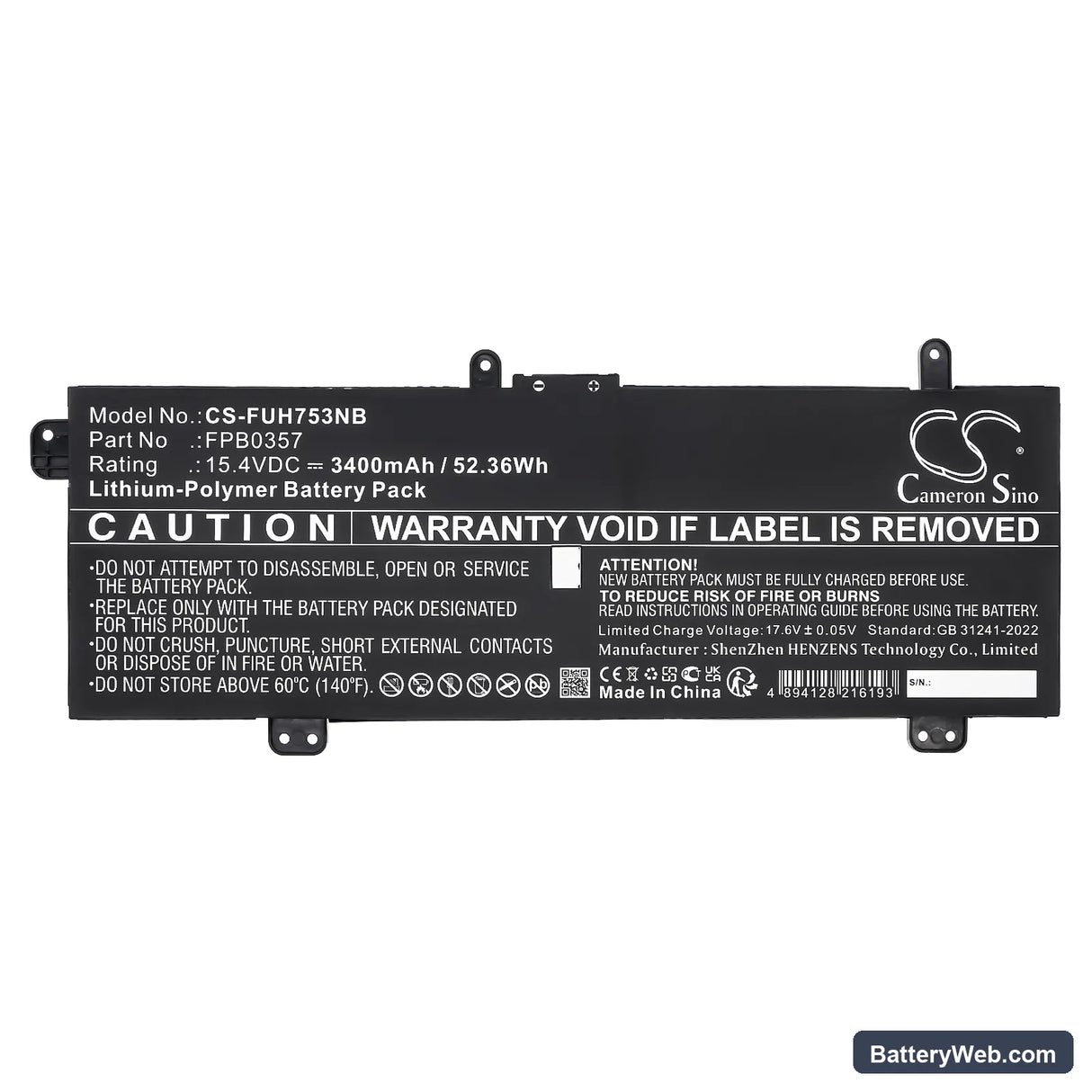 Fujitsu LifeBook CH75/E3 Replacement Battery, 15.4V, 3400mAh, Li-Polymer 5