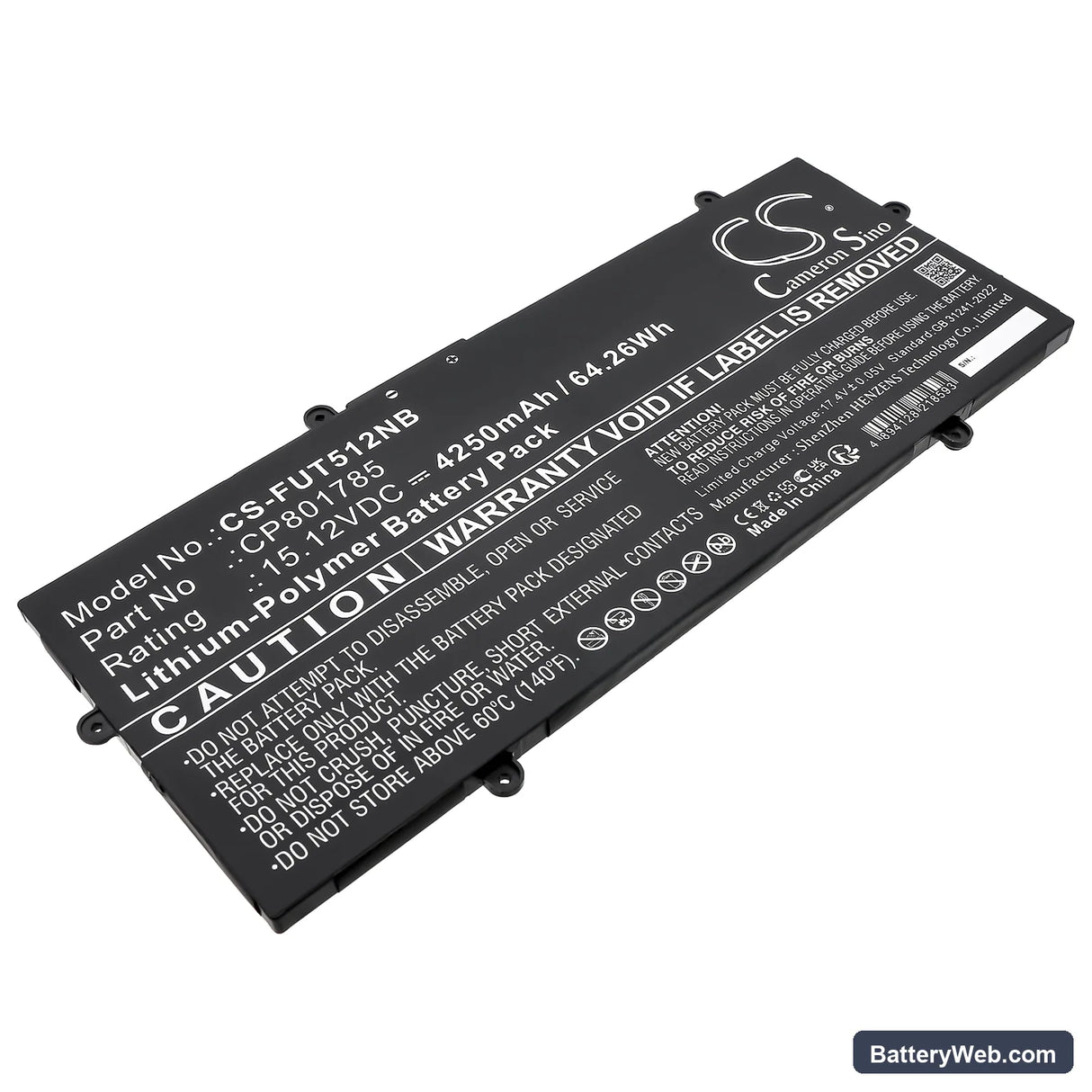 Fujitsu LifeBook E4512 Replacement Battery, 15.12V, 4250mAh, Li-Polymer 1
