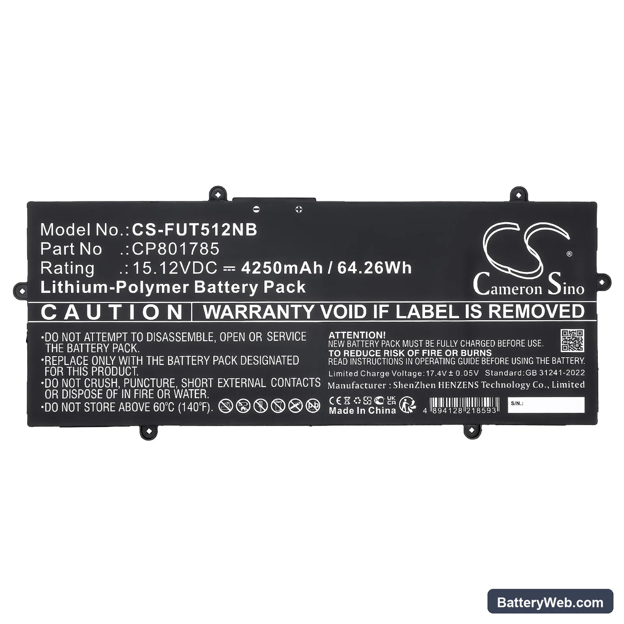 Fujitsu LifeBook E4512 Replacement Battery, 15.12V, 4250mAh, Li-Polymer 5