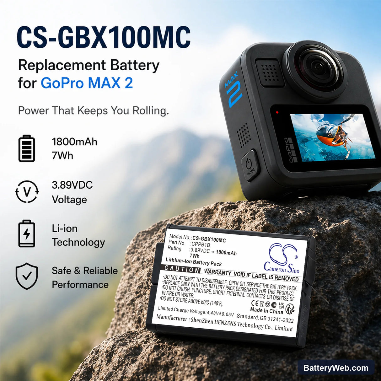 GoPro Max 2 Replacement Battery, 3.89V, 1800mAh, Li-ion 4