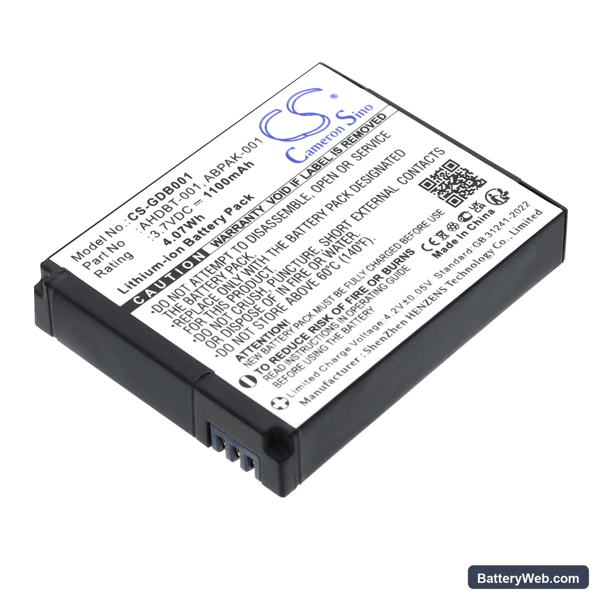 GoPro Hero Replacement Battery, 3.7V, 1100mAh, Li-ion 1