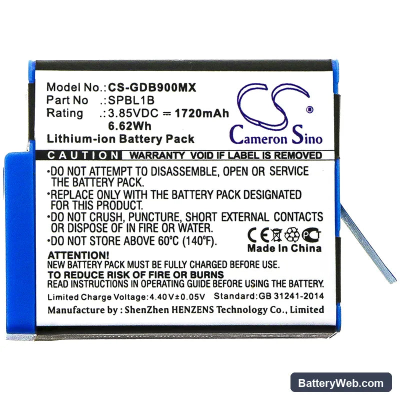 GoPro AHDBT-901 Replacement Battery, 3.85V, 1720mAh, Li-ion 3