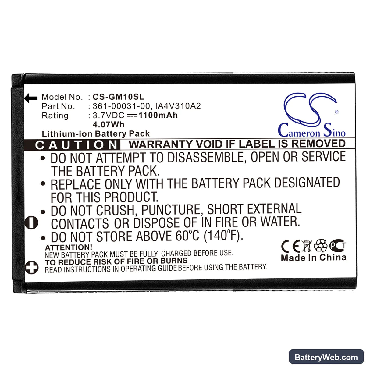 Garmin GPS Mobile 10 Replacement Battery, 3.7V, 1100mAh, Li-ion 3
