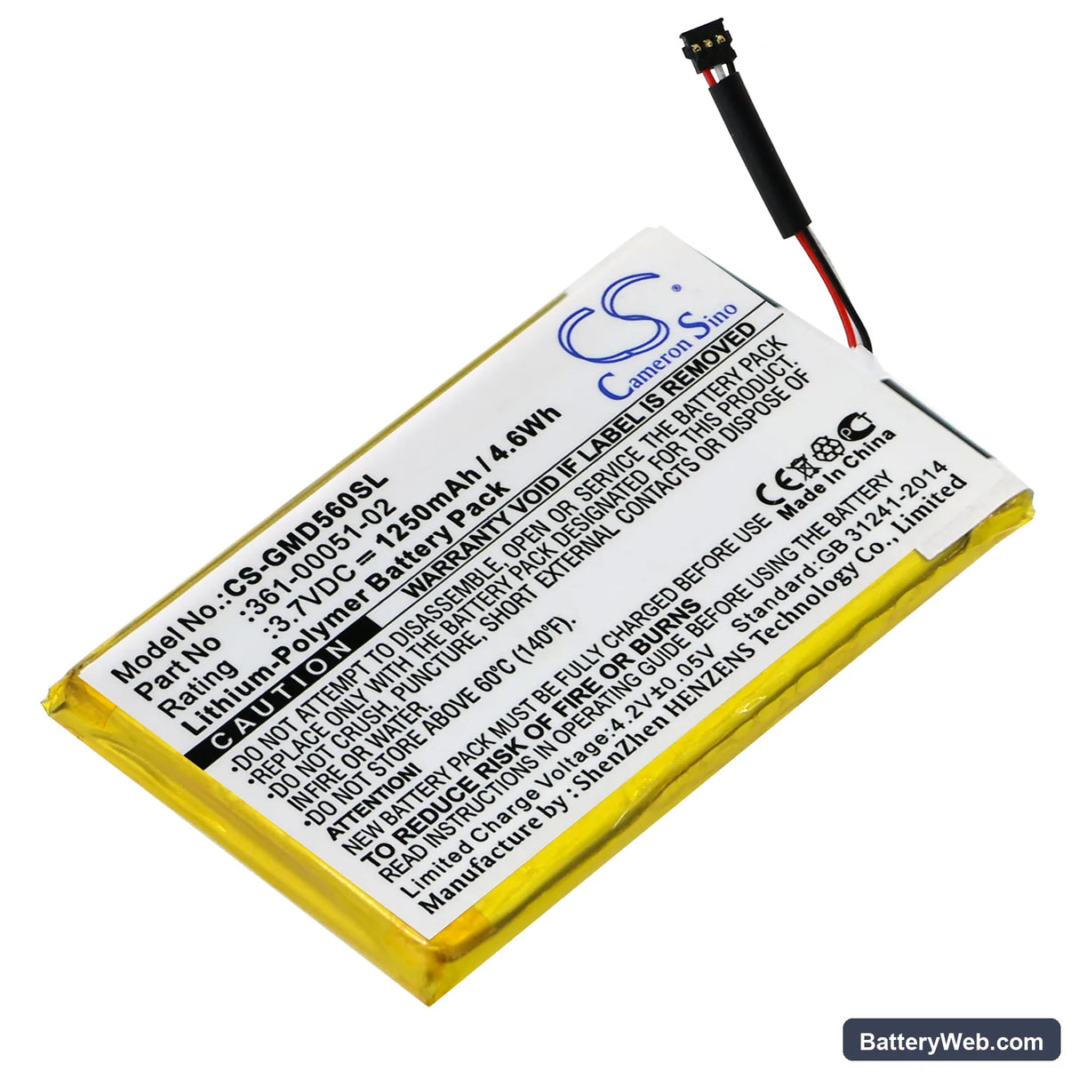 Garmin Dezl 560 Replacement Battery, 3.7V, 1250mAh, Li-Polymer 1
