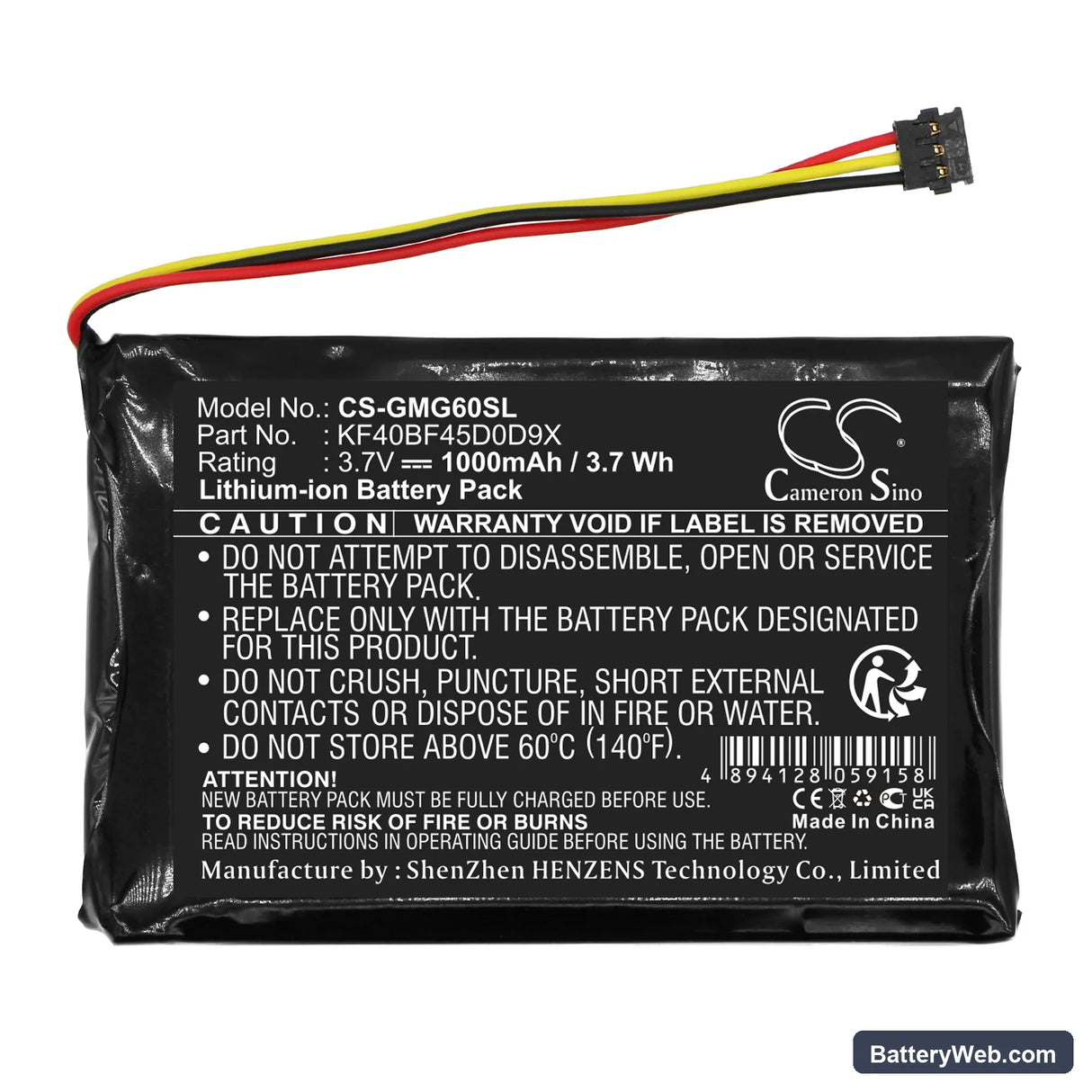 Garmin Approach G6 Replacement Battery, 3.7V, 1000mAh, Li-ion 3