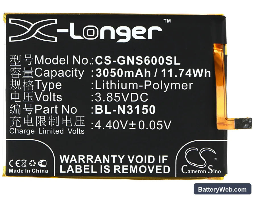 GIONEE Elife S6 Replacement Battery, 3.85V, 3050mAh, Li-Polymer 5