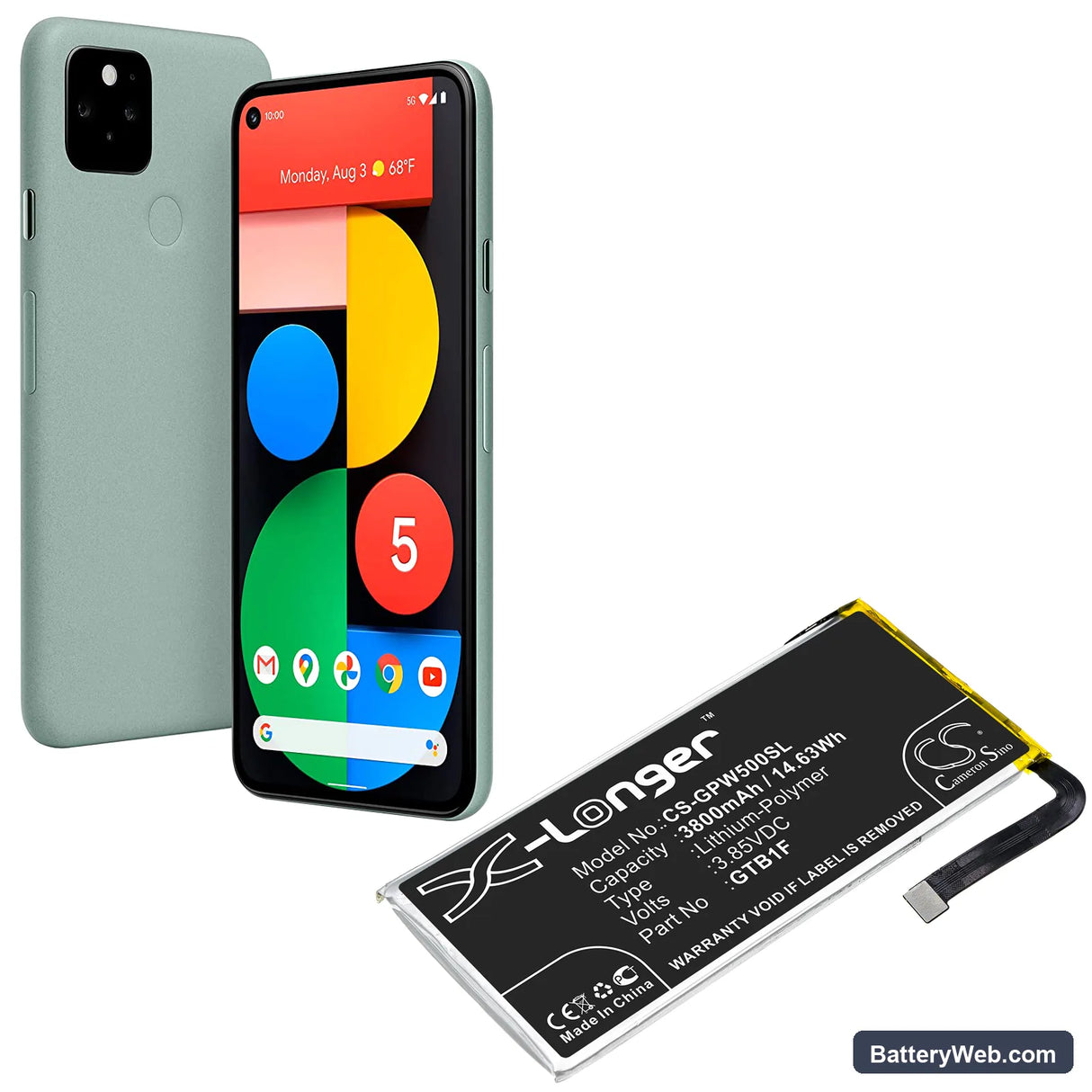 Google Pixel 5 Replacement Battery, 3.85V, 3800mAh, Li-Polymer 5