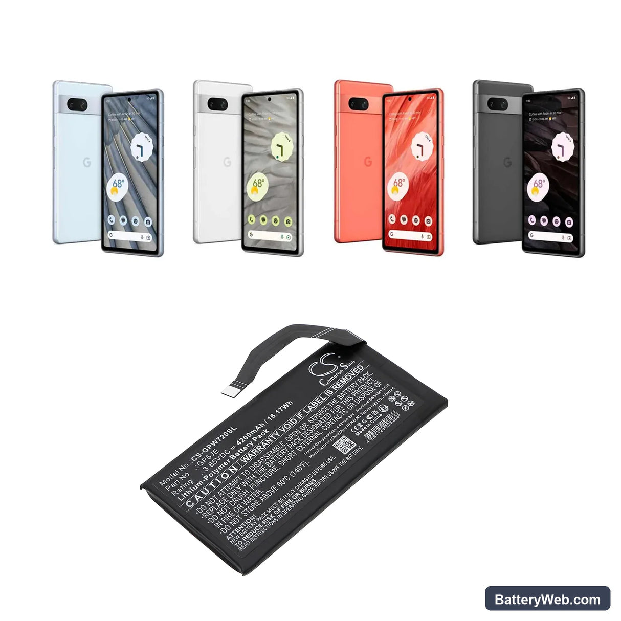 Google Pixel 7A Replacement Battery, 3.85V, 4200mAh, Li-Polymer 5
