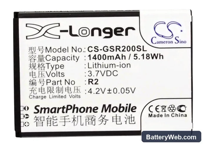 GSmart Roma R2 Replacement Battery, 3.7V, 1400mAh, Li-ion 5