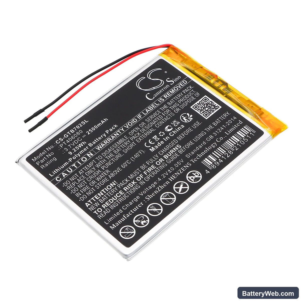 3GO GT7002 Replacement Battery, 3.7V, 2500mAh, Li-Polymer 1