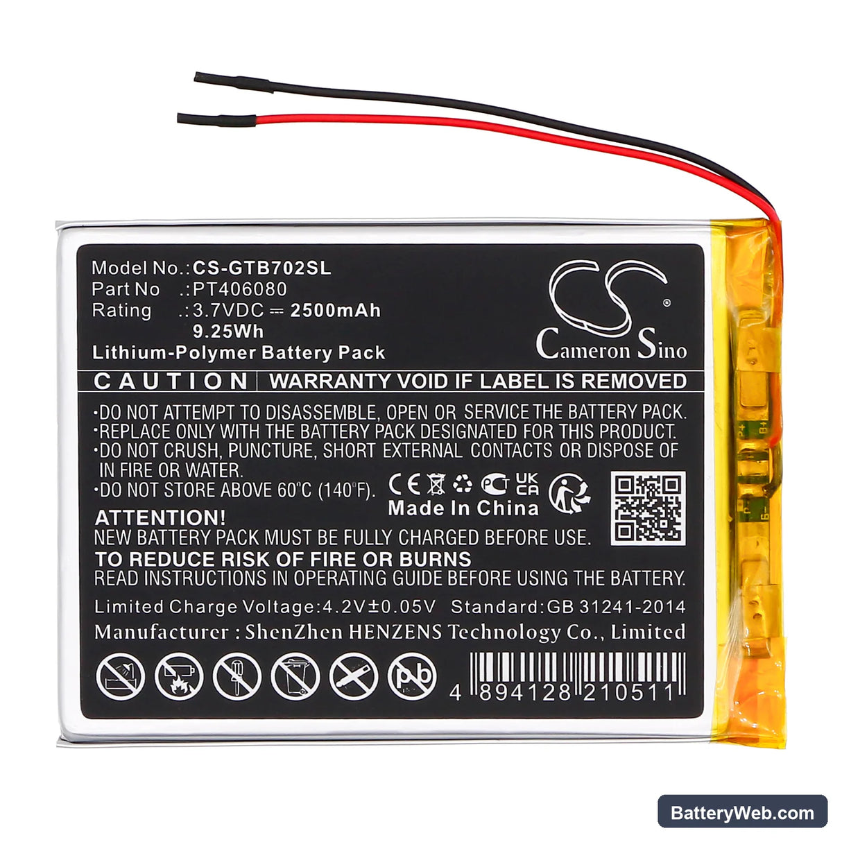 3GO GT7002 Replacement Battery, 3.7V, 2500mAh, Li-Polymer 3