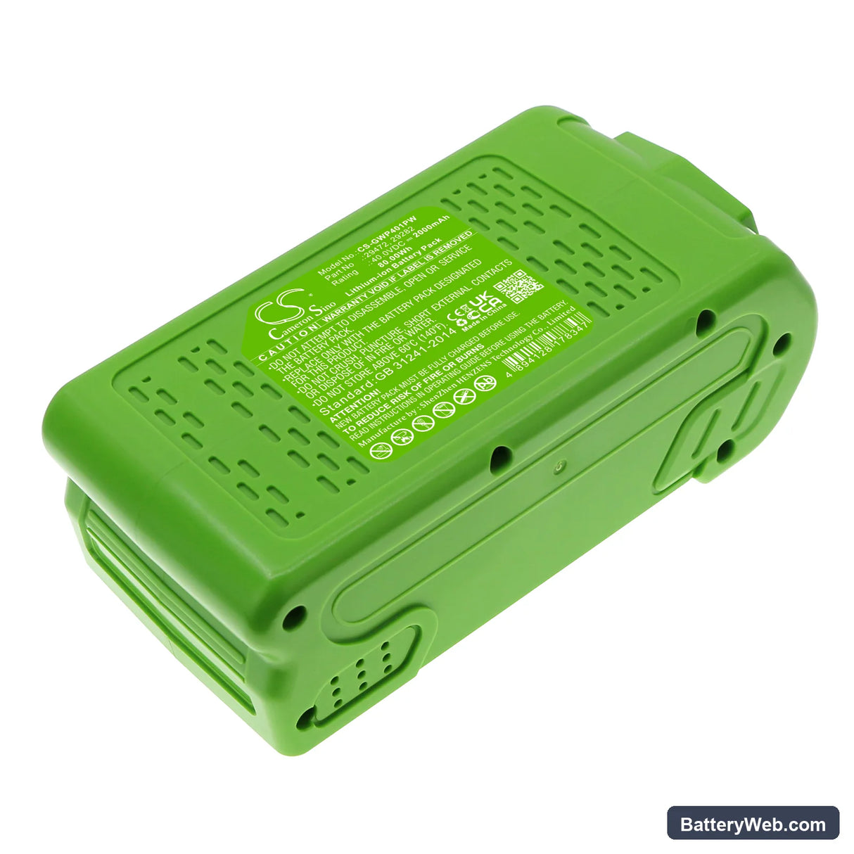GreenWorks G-MAX 40V Replacement Battery, 40V, 2000mAh, Li-ion 1