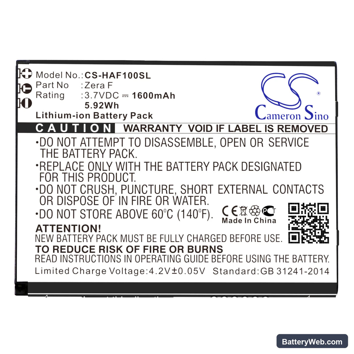 Highscreen Zera F Replacement Battery, 3.7V, 1600mAh, Li-ion 3