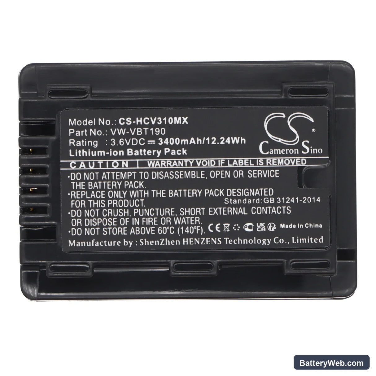 Panasonic HC-V520M Replacement Battery, 3.6V, 3400mAh, Li-ion 5