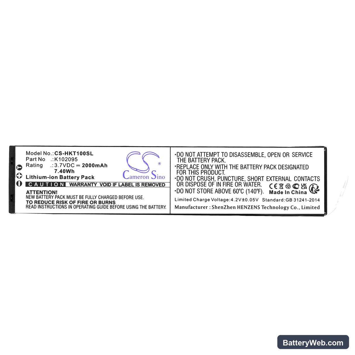 Hook-Eye T01 Replacement Battery, 3.7V, 2000mAh, Li-ion 3