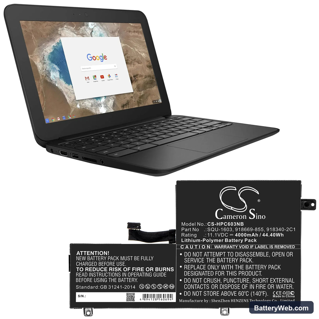 HP Choromebook 11 G5 Replacement Battery, 11.1V, 4000mAh, Li-Polymer 5
