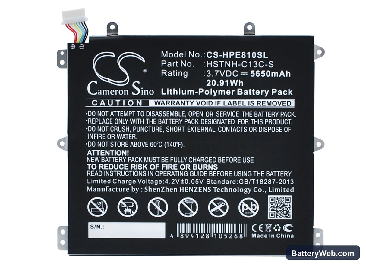 HP Slate 8 Pro Replacement Battery, 3.7V, 5650mAh, Li-Polymer 1