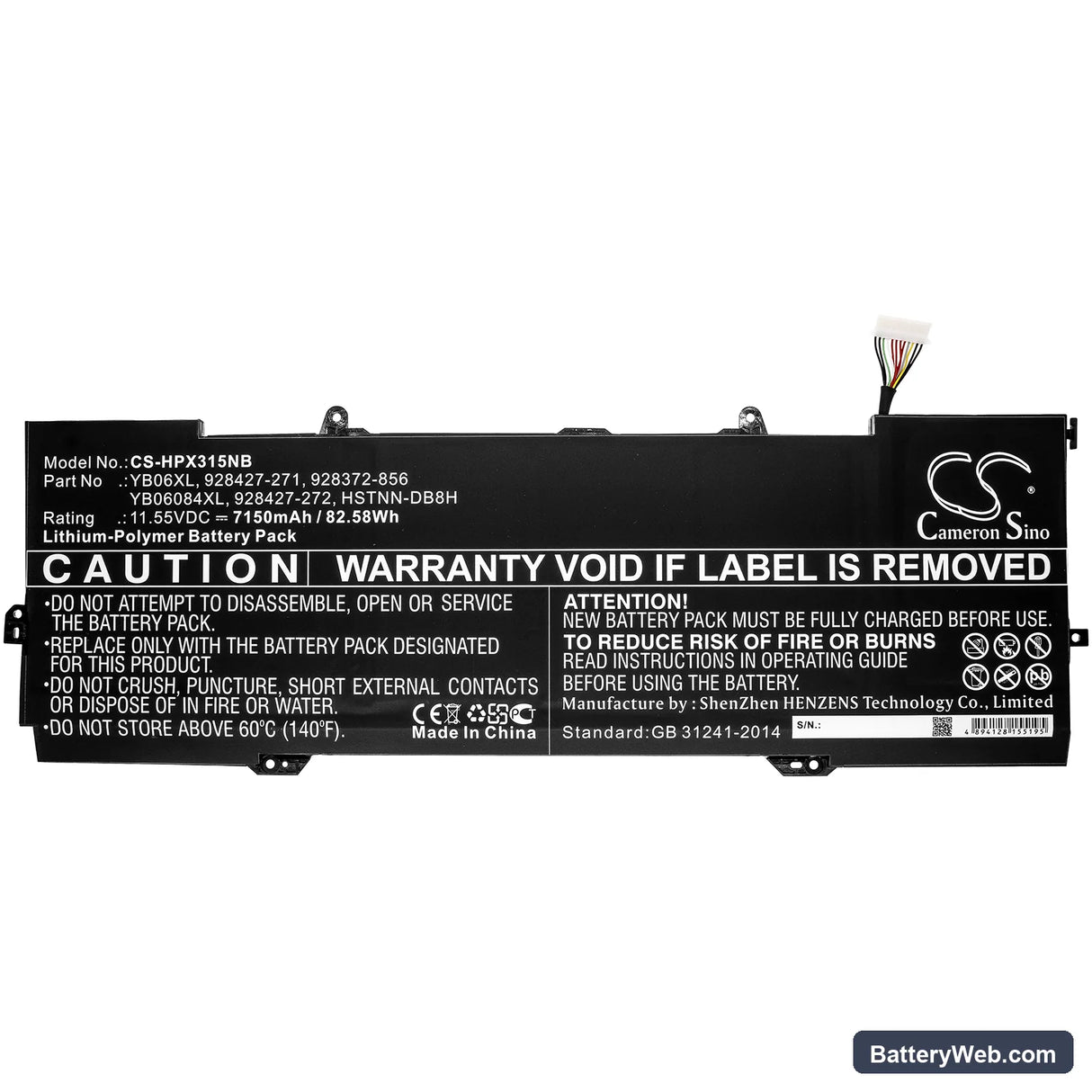 HP Spectre X360 15-CH000NA Replacement Battery, 11.55V, 7150mAh, Li-Polymer 3