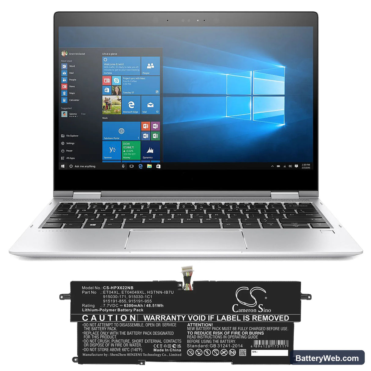 HP Elitebook X360 1020 G2-1eq23ea Replacement Battery, 7.7V, 6300mAh, Li-Polymer 6