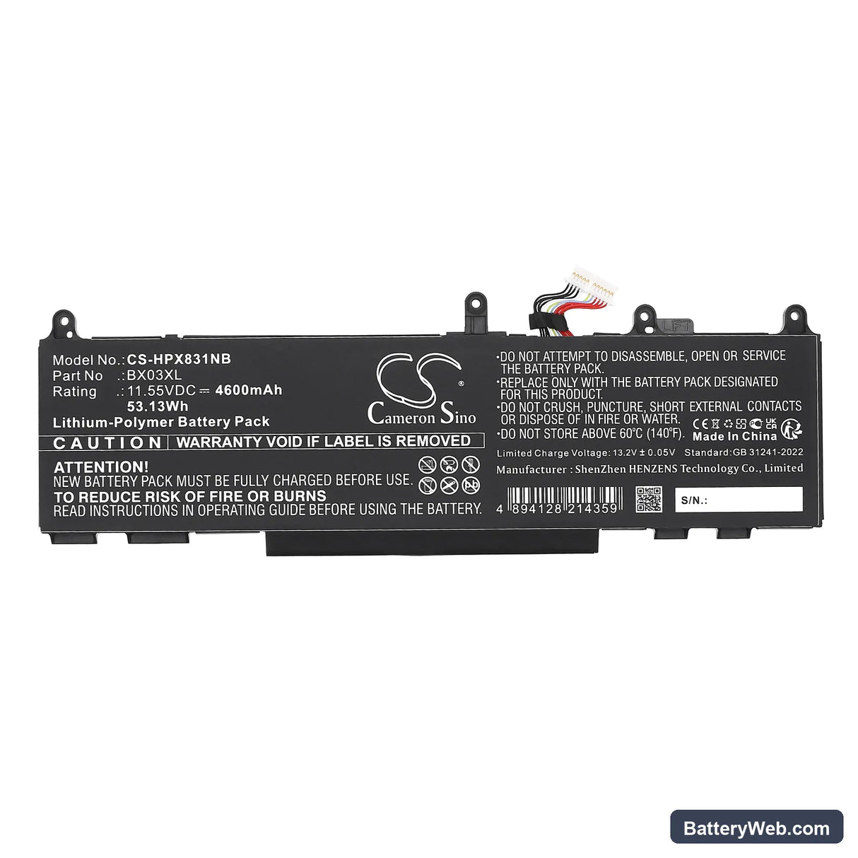 HP Elite X360 830 G11 2 In 1 Replacement Battery, 11.55V, 4600mAh, Li-Polymer 3