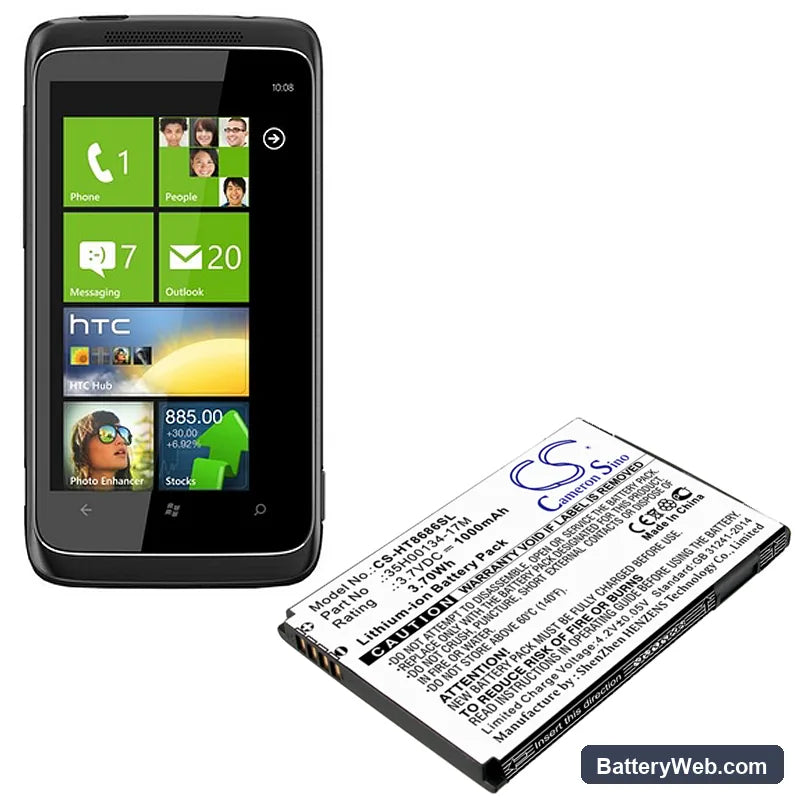 HTC 7 Trophy Replacement Battery, 3.7V, 1000mAh, Li-ion 4