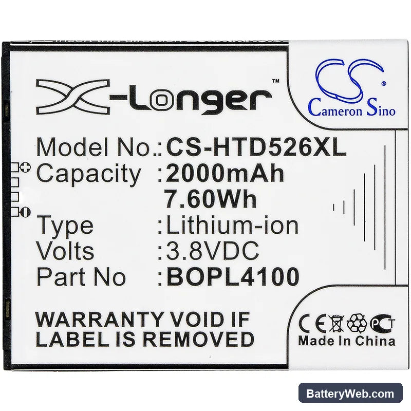 HTC Desire 526 Replacement Battery, 3.8V, 2000mAh, Li-ion 3