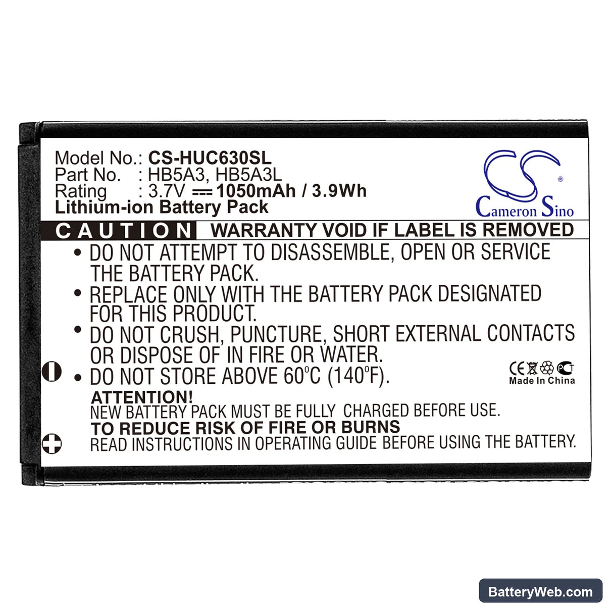Huawei C6300 Replacement Battery, 3.7V, 1050mAh, Li-ion 3