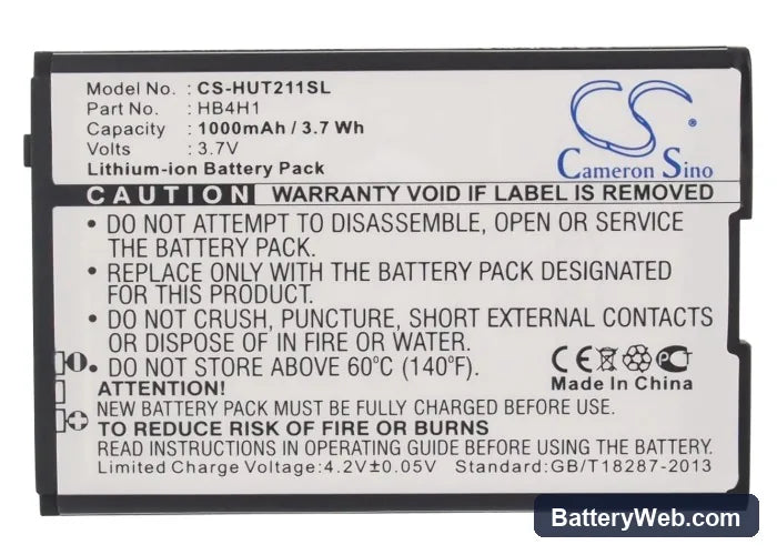 Huawei T2211 Replacement Battery, 3.7V, 1000mAh, Li-ion 5