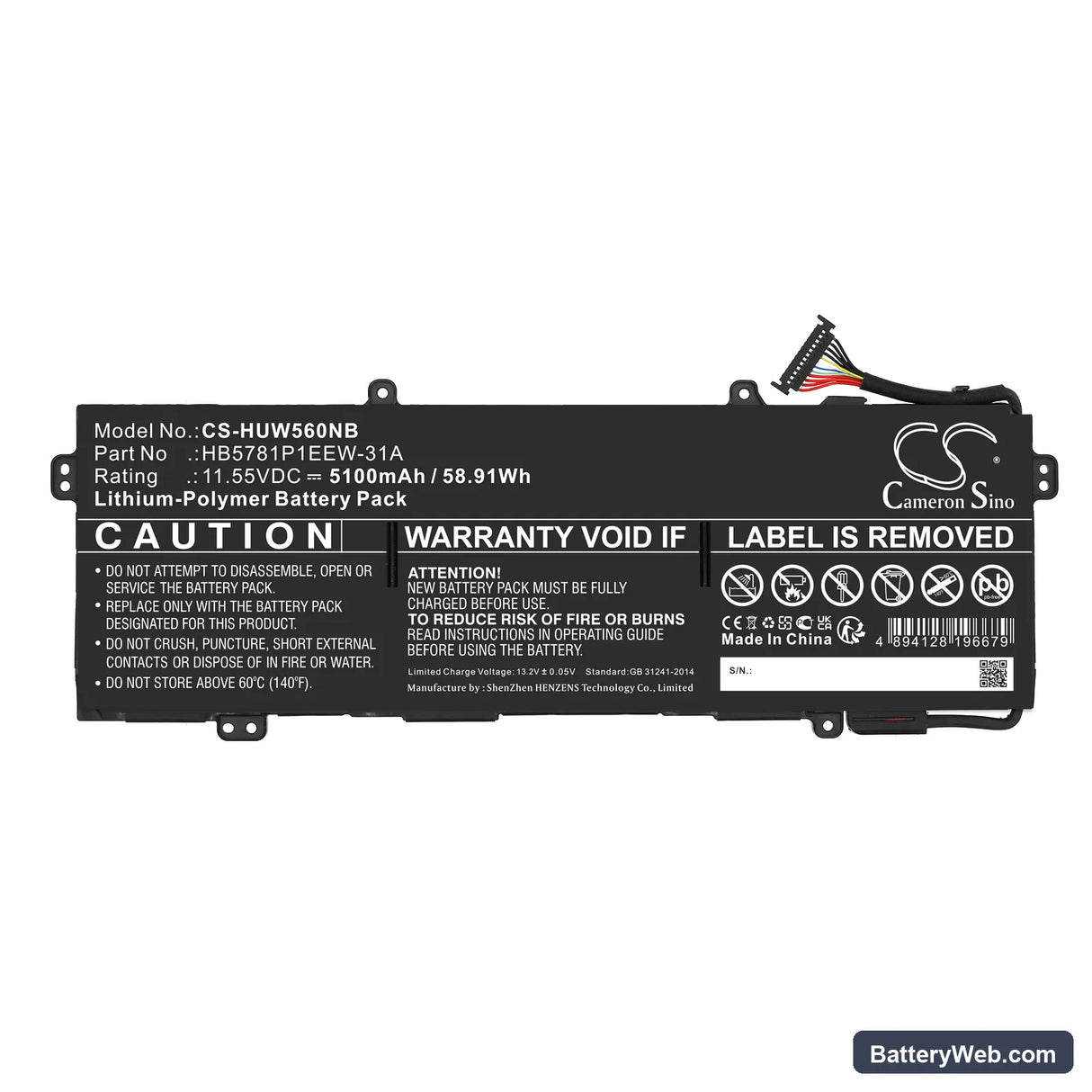Huawei MateBook 13S I5 11300H Replacement Battery, 11.55V, 5100mAh, Li-Polymer 3