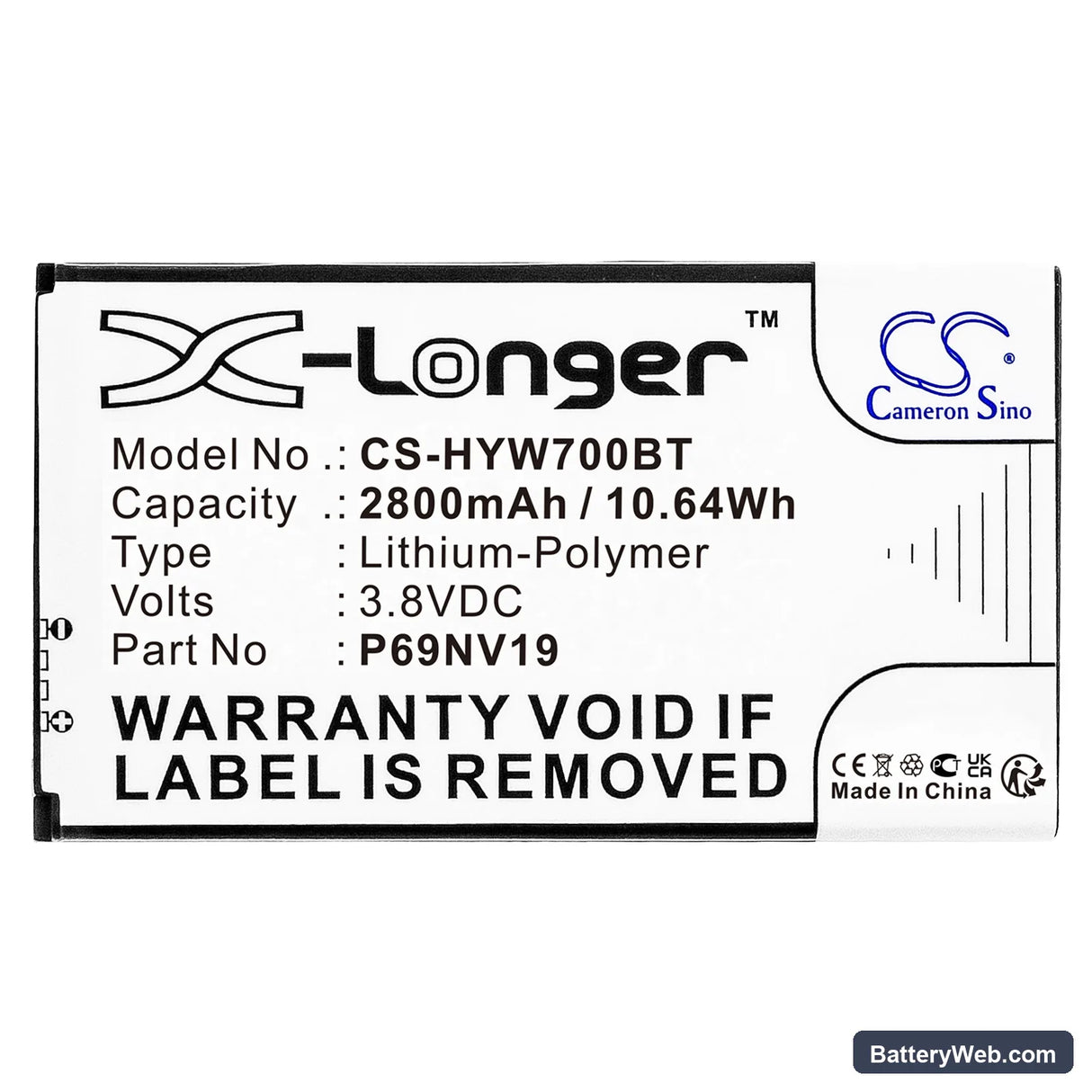Honeywell WTS700 7" Wireless Color Touchscreen Replacement Battery, 3.8V, 2800mAh, Li-Polymer 3