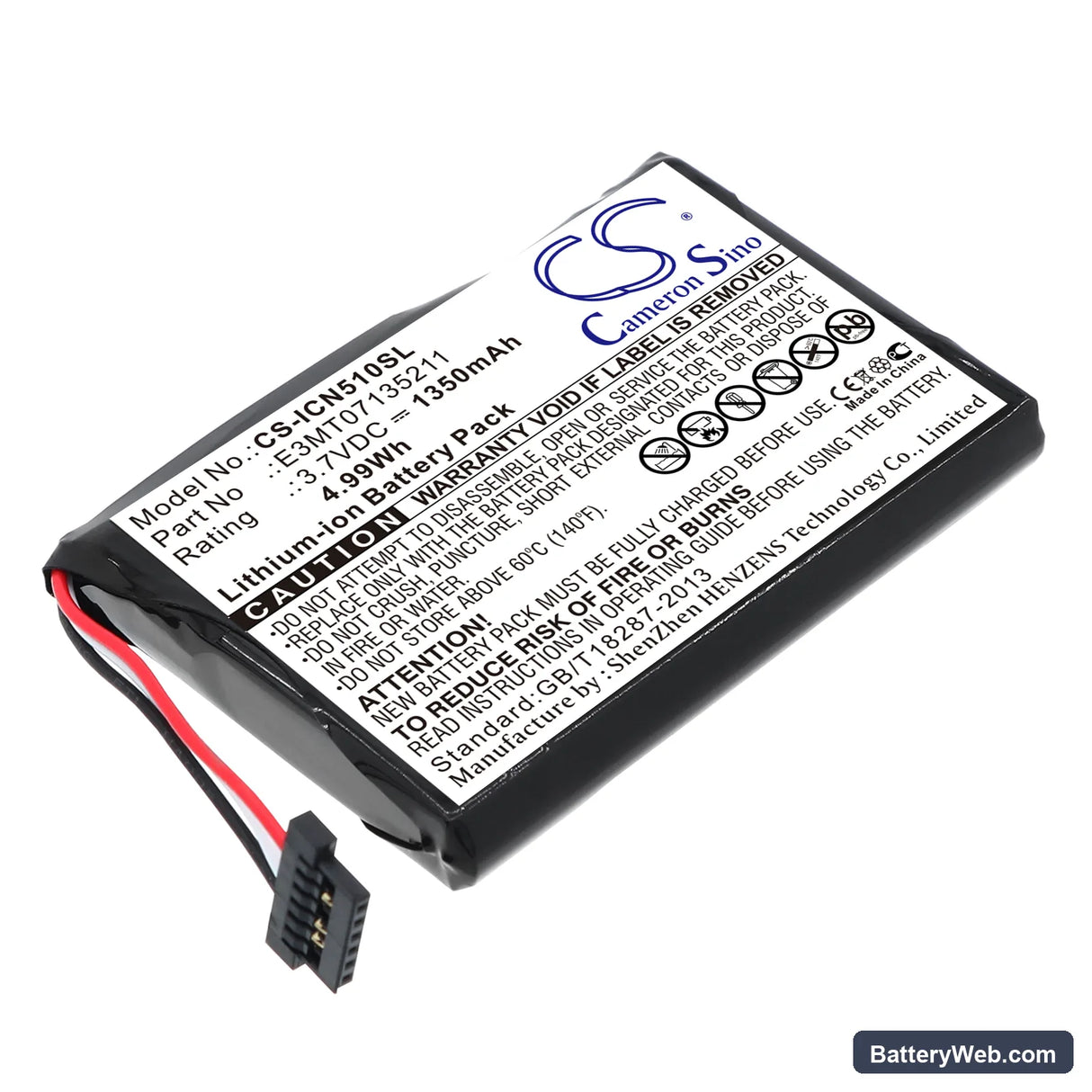 Navman iCN 510 Replacement Battery, 3.7V, 1350mAh, Li-ion 1
