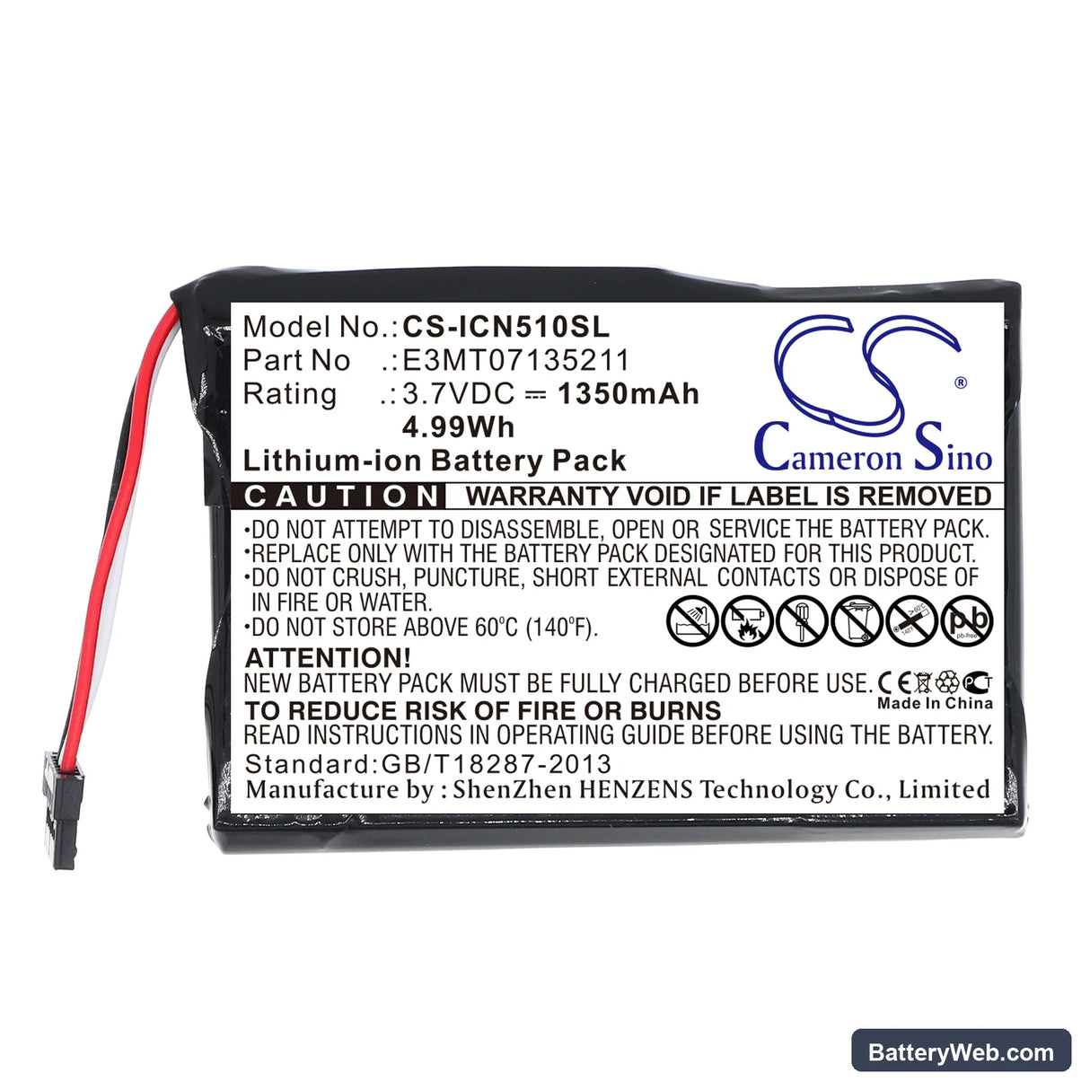 Navman iCN 510 Replacement Battery, 3.7V, 1350mAh, Li-ion 3
