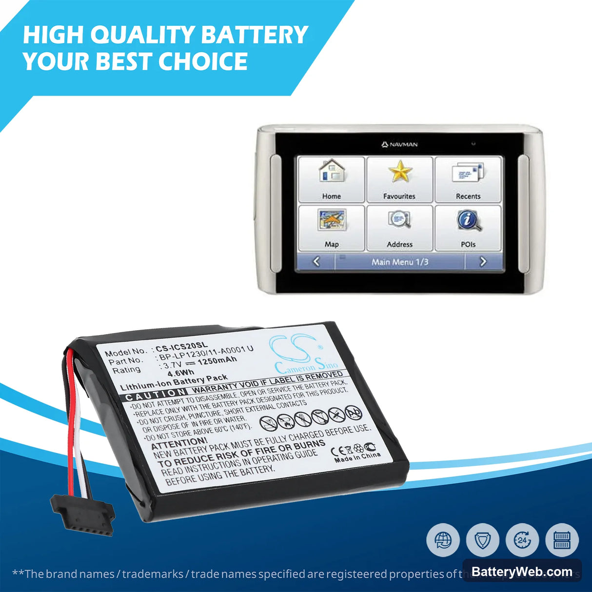 Navman S20 Replacement Battery, 3.7V, 1250mAh, Li-ion 6