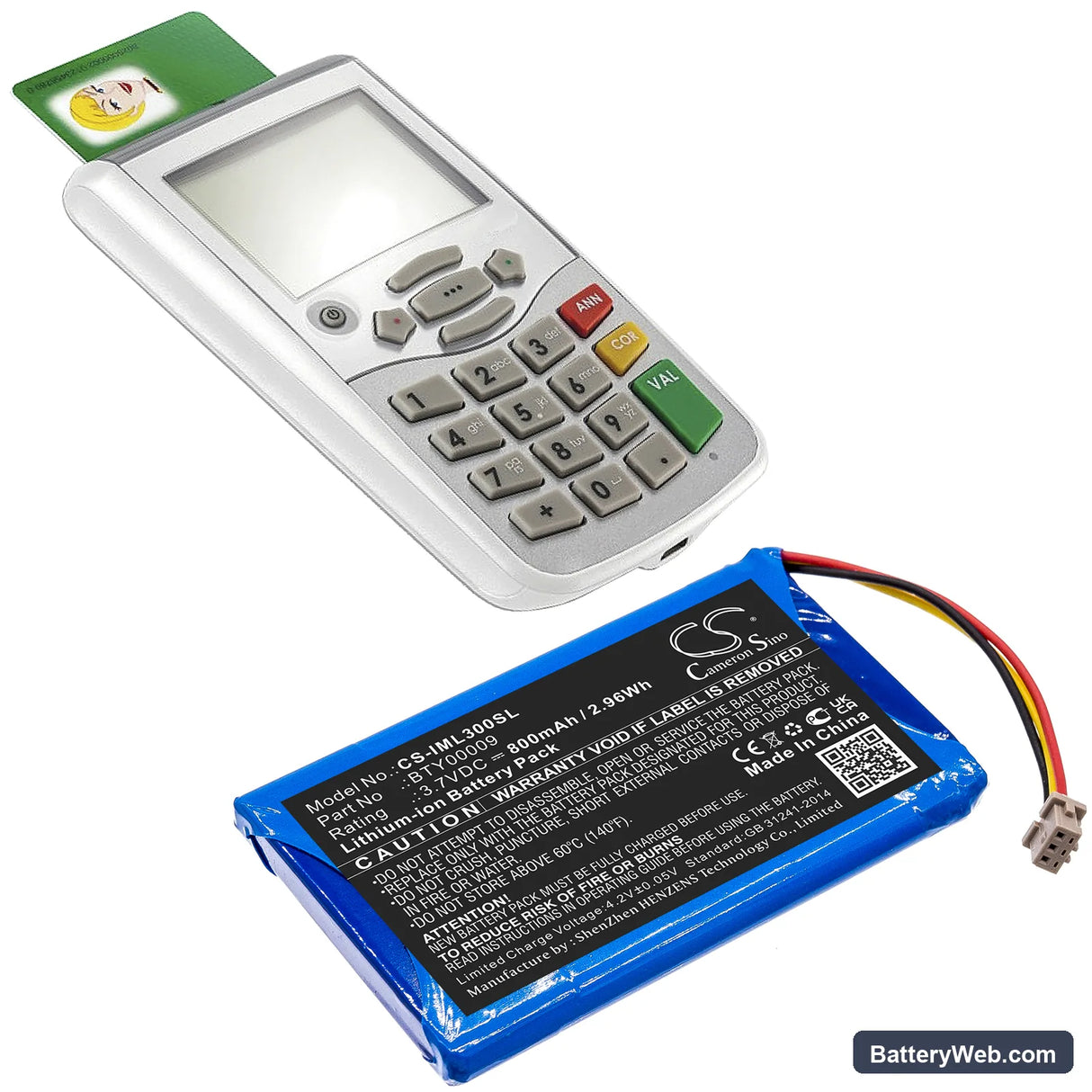 Ingenico Vital Act 3S Replacement Battery, 3.7V, 800mAh, Li-ion 6