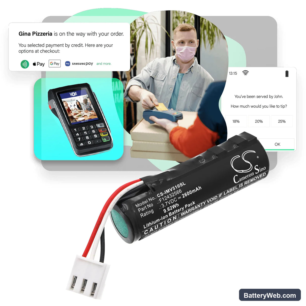 Ingenico Move 5000 3G Bluetooth Replacement Battery, 3.7V, 2600mAh, Li-ion 6