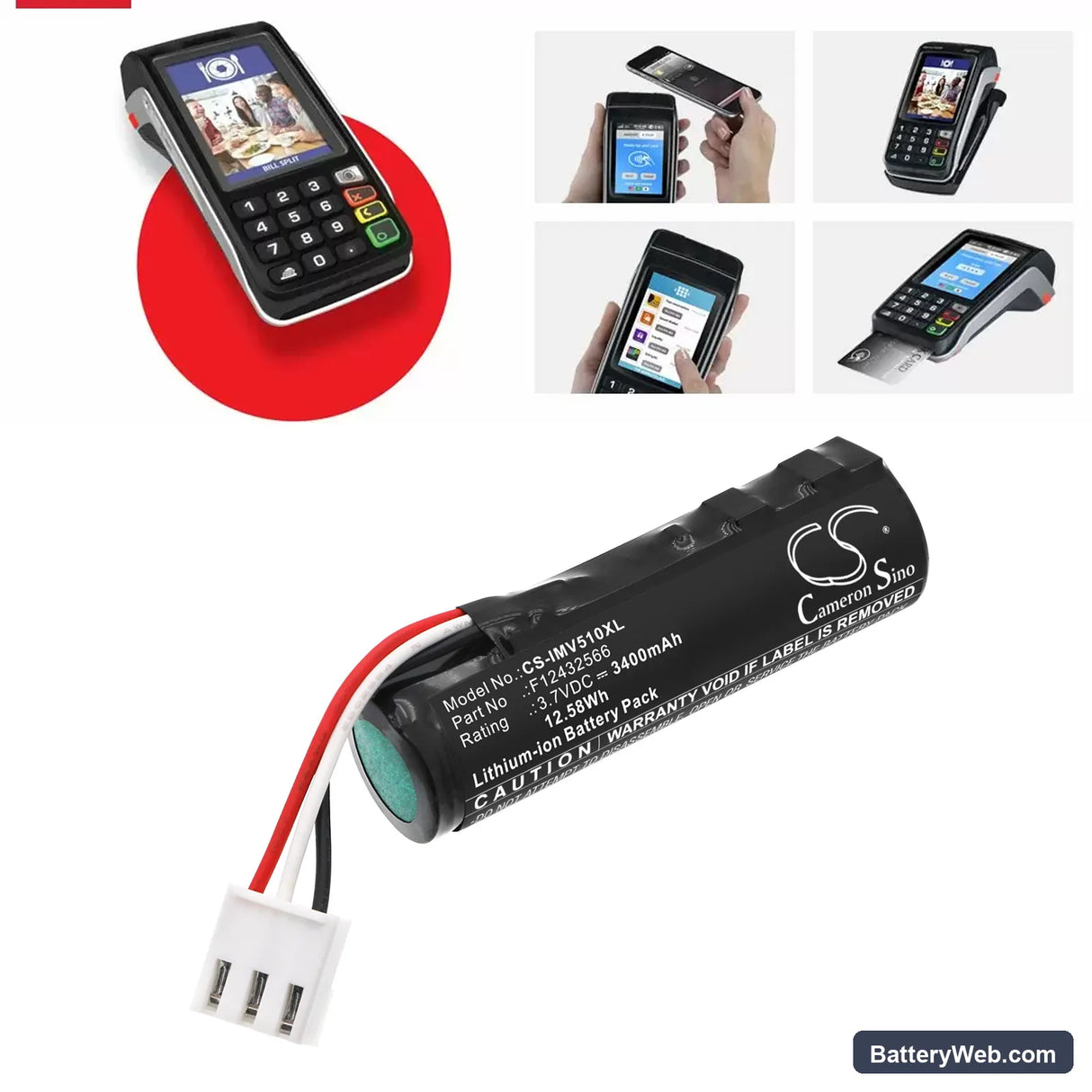 Ingenico Move 5000 3G Bluetooth Replacement Battery, 3.7V, 3400mAh, Li-ion 6