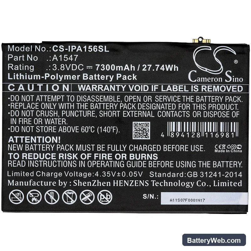 Apple iPad Air 2 Replacement Battery, 3.8V, 7300mAh, Li-Polymer 3