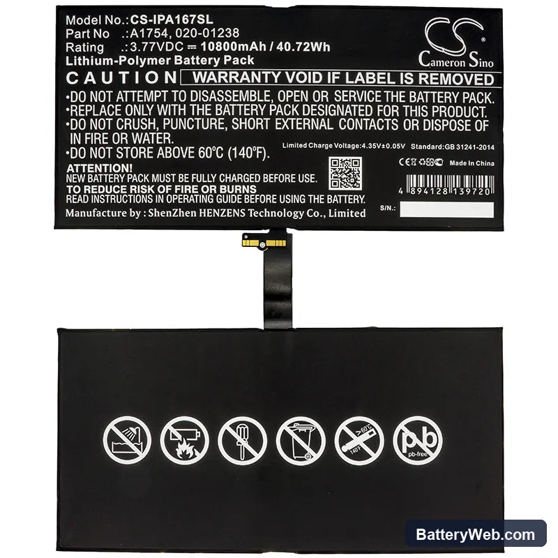 Apple iPad Pro 12.9 2nd Gen Replacement Battery, 3.77V, 10800mAh, Li-Polymer 3