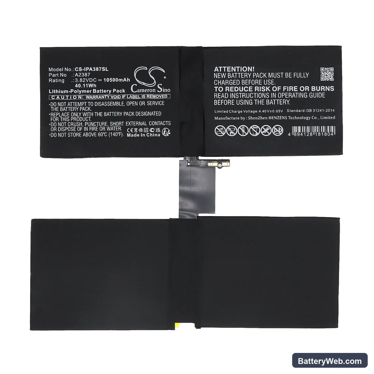 Apple A2378 Replacement Battery, 3.82V, 10500mAh, Li-Polymer 3