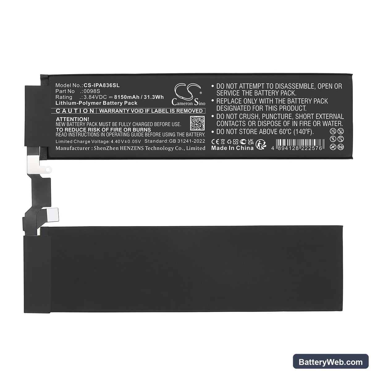 Apple A2836 Replacement Battery, 3.84V, 8150mAh, Li-Polymer 4