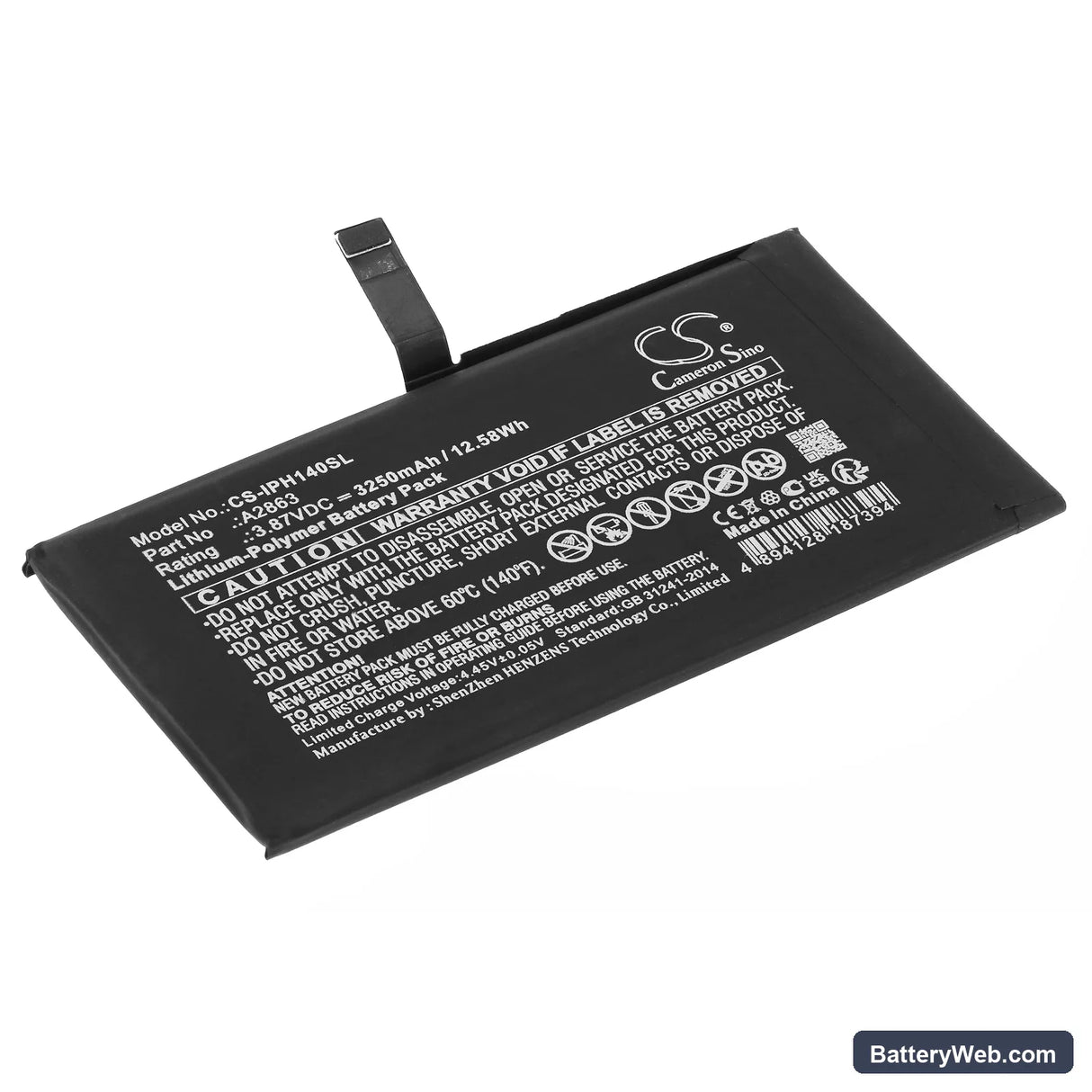 Apple iPhone 14 Replacement Battery, 3.87V, 3250mAh, Li-Polymer 1