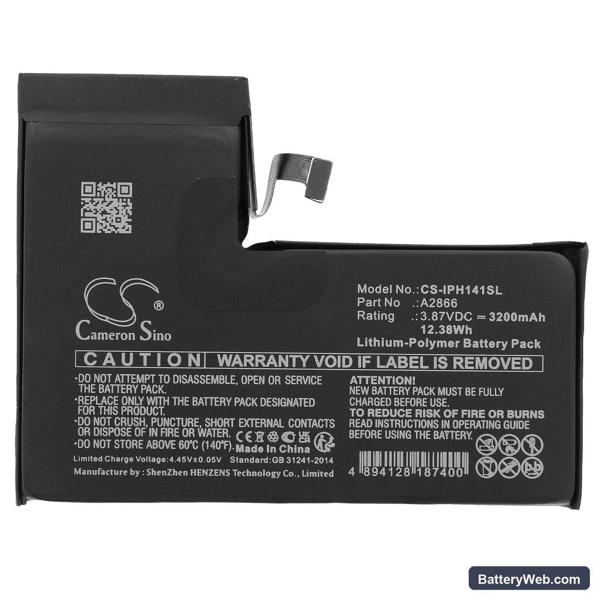 Apple iPhone 14 Pro Replacement Battery, 3.87V, 3200mAh, Li-Polymer 3