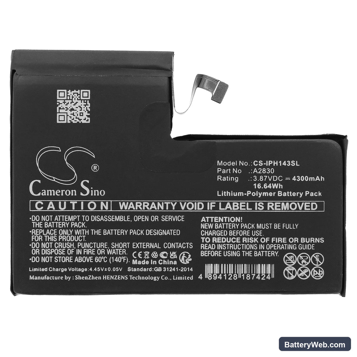 Apple iPhone 14 Pro Max Replacement Battery, 3.87V, 4300mAh, Li-Polymer 3