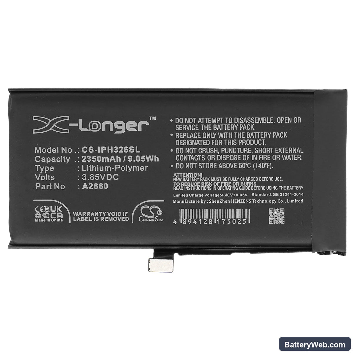 Apple iPhone 13 Mini Replacement Battery, 3.85V, 2350mAh, Li-Polymer 3