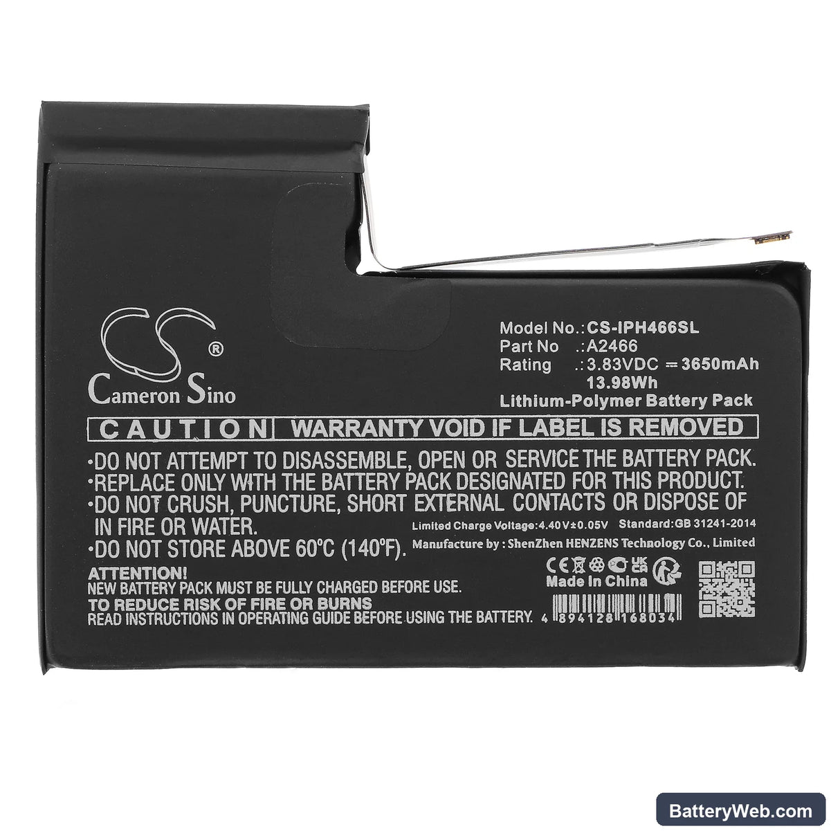 Apple iPhone 12 Pro Max Replacement Battery, 3.83V, 3650mAh, Li-Polymer 3