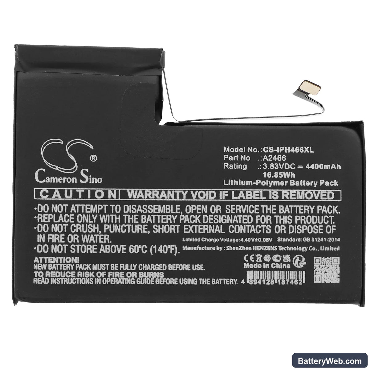 Apple iPhone 12 Pro Max Replacement Battery, 3.83V, 4400mAh, Li-Polymer 3